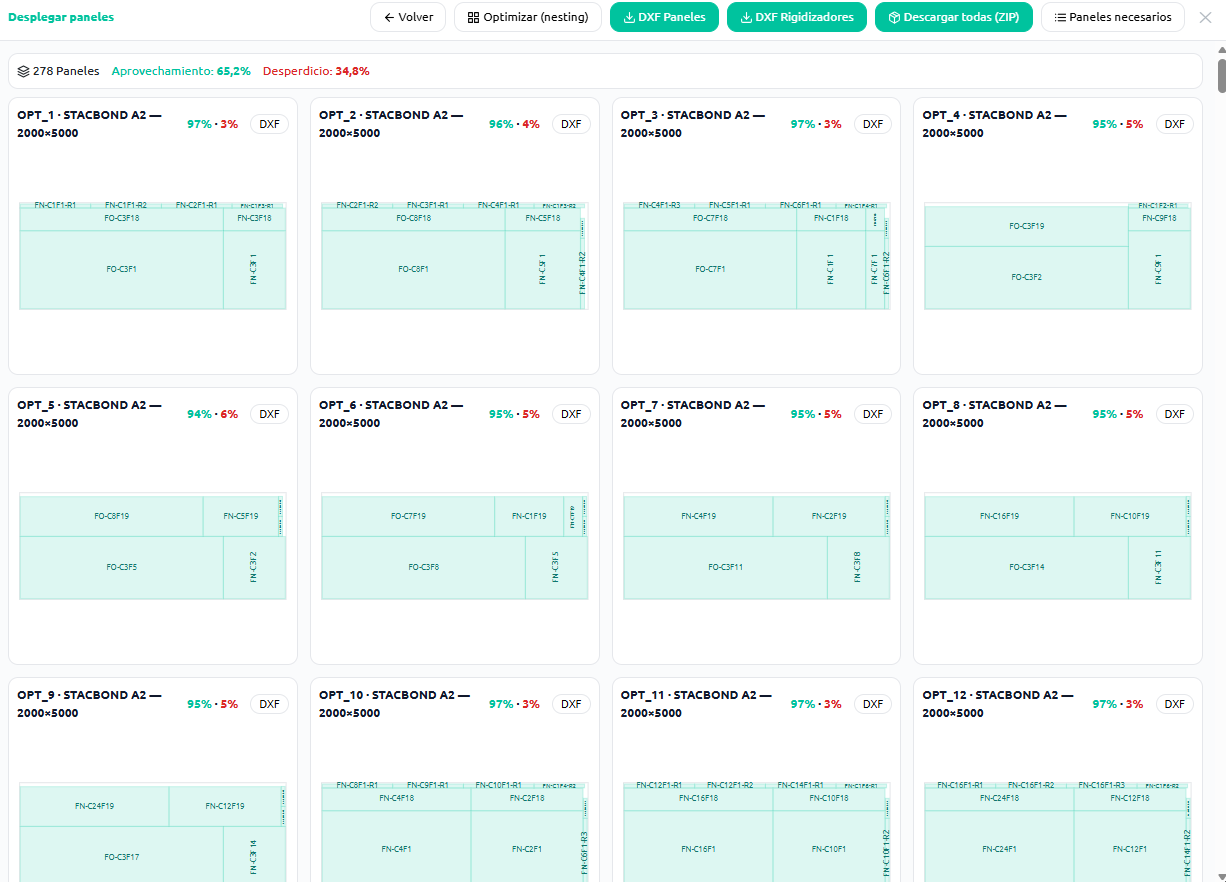 Optimización de paneles por nesting con aprovechamiento de chapa y export DXF
