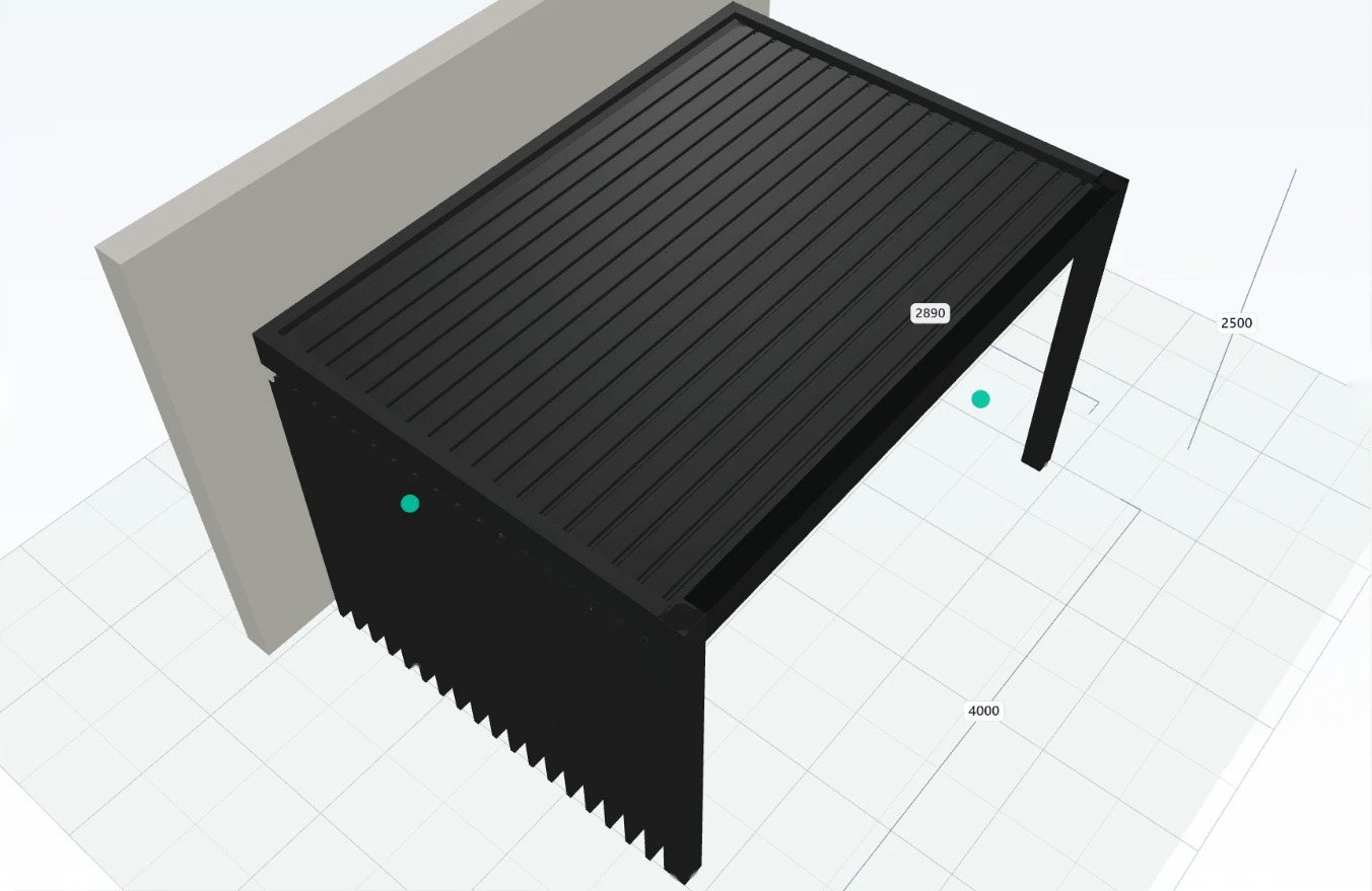 Pérgola bioclimática de lamas orientables adosada a una pared, con cerramiento lateral de lamas, en el 3D de Nexus Shade