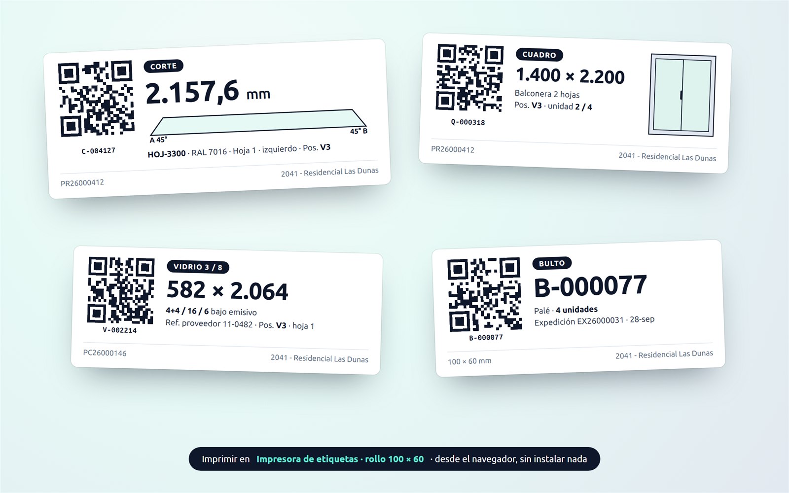 Etiquetas de corte, cuadro, vidrio y bulto de Nexus con el dato principal en grande, el corte dibujado y el QR con código legible