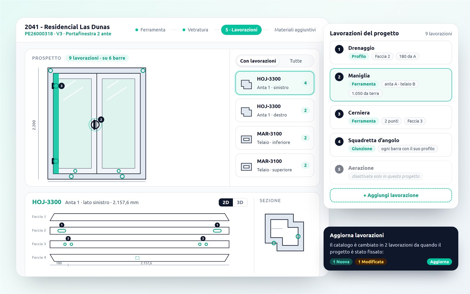 Passo 5 Lavorazioni del configuratore di Nexus: prospetto con le lavorazioni segnate, barra scelta per facce, sezione e pannello delle lavorazioni generate da profilo, ferramenta e giunzione, con il messaggio Aggiorna lavorazioni