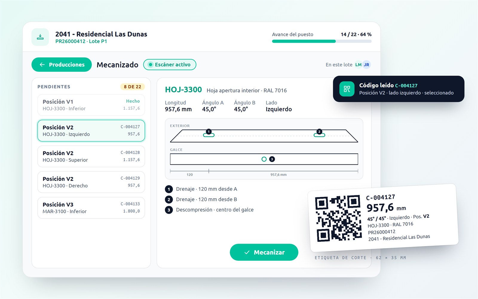 Puesto de Mecanizado de Nexus con el escáner activo: al leer el código C-004127 se selecciona el corte, con el esquema de la barra y sus mecanizados numerados, junto a la etiqueta de corte con QR