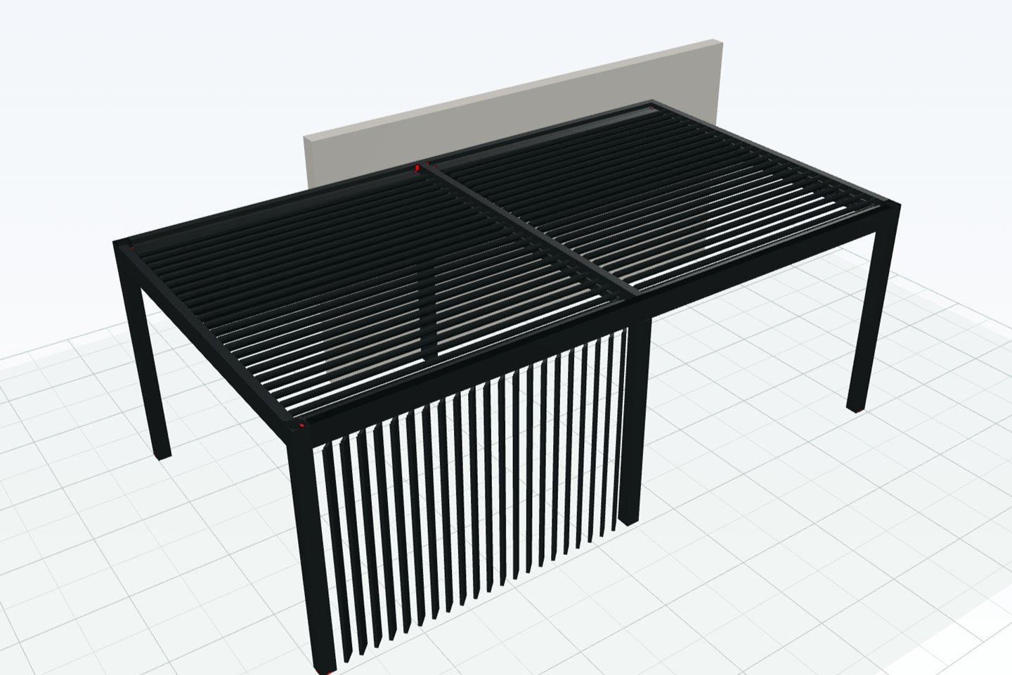 Pérgola bioclimática doble con lamas orientables abiertas, celosía frontal y pilares, en el editor 3D de Nexus Shade
