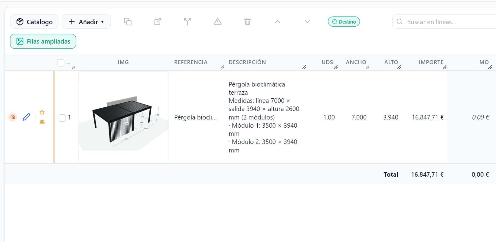 Línea de la pérgola en el presupuesto del CRM con su imagen 3D y sus medidas por módulo